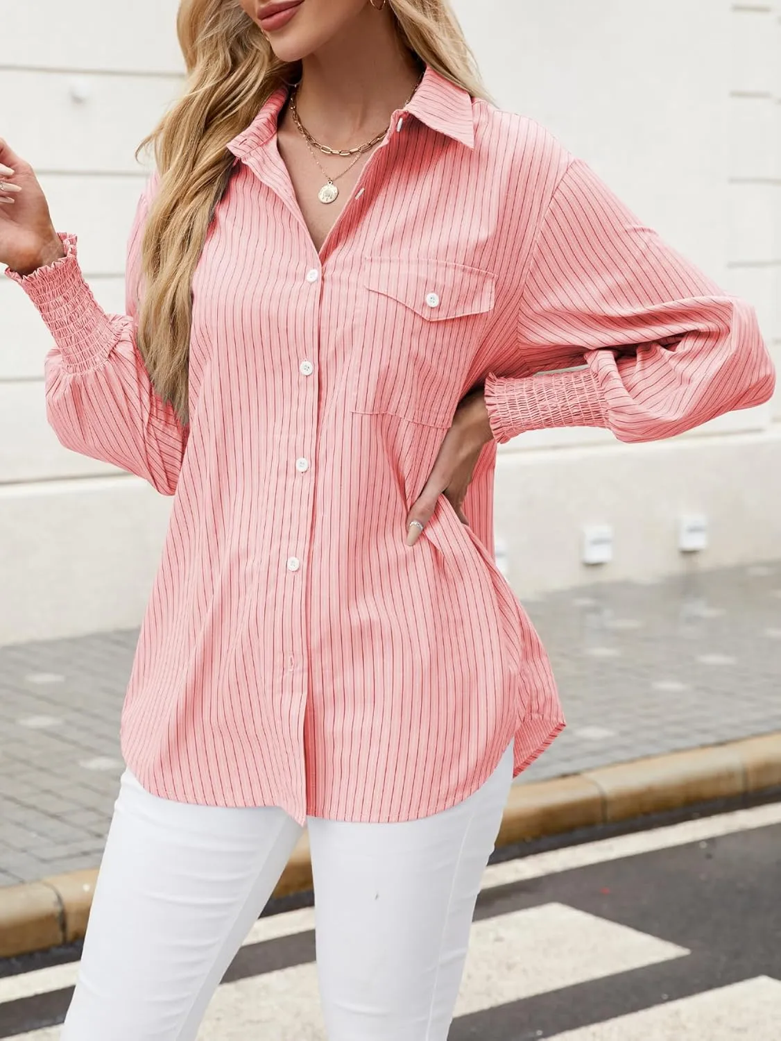 LEMAFER Womens 2025 Smocked Cuffed Striped Boyfriend Shirt Flap Pocket Cotton-Blend Casual Button Down Collared Blouse