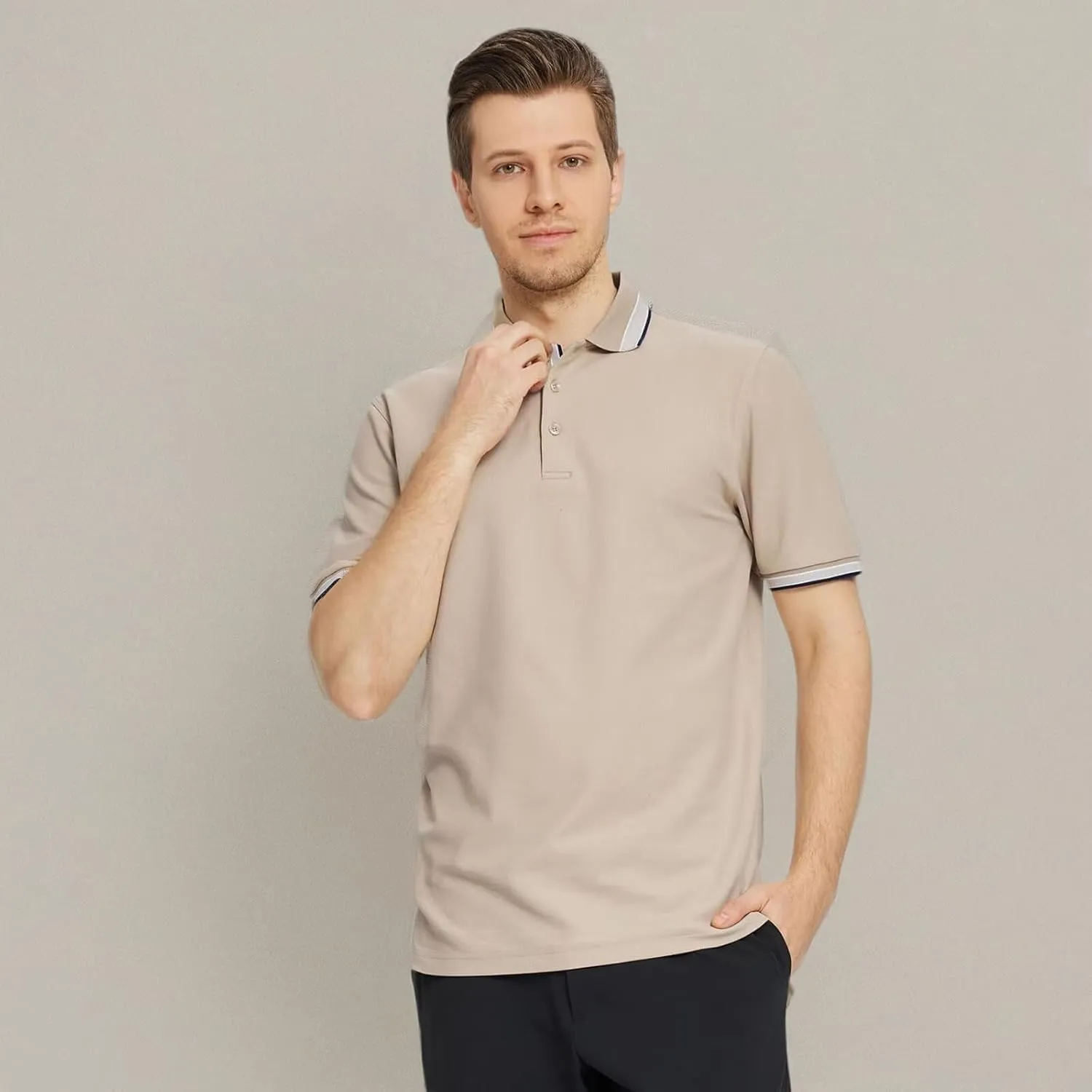 Men's Pique Polo Shirts Long Sleeve Cotton Blend Tipped Casual Collared Polo Shirts Business Classic Fit
