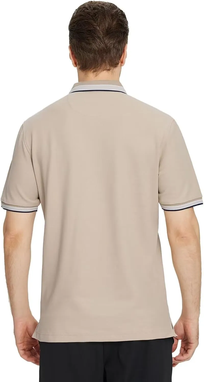 Men's Pique Polo Shirts Long Sleeve Cotton Blend Tipped Casual Collared Polo Shirts Business Classic Fit