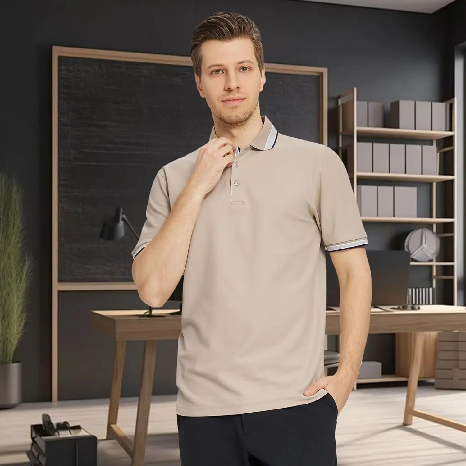 Men's Pique Polo Shirts Long Sleeve Cotton Blend Tipped Casual Collared Polo Shirts Business Classic Fit