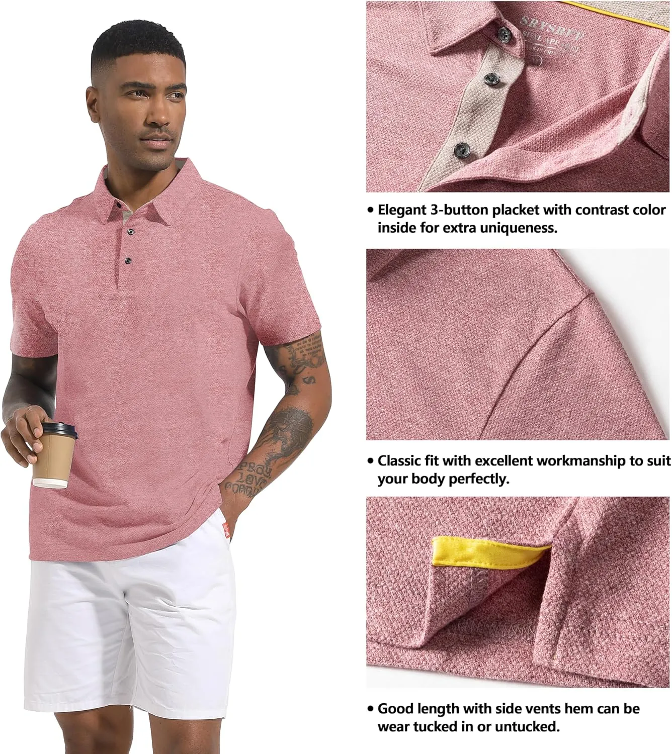 Men's Polo Shirts Short Sleeve Cotton Blend Moisture Wicking Dry Fit Performance Collared Golf Shirts for Men
