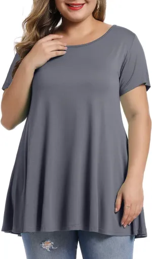 MONNURO Womens Short Sleeve Casual Loose Fit Flare Swing Tunic Tops Basic T-Shirt Plus Size