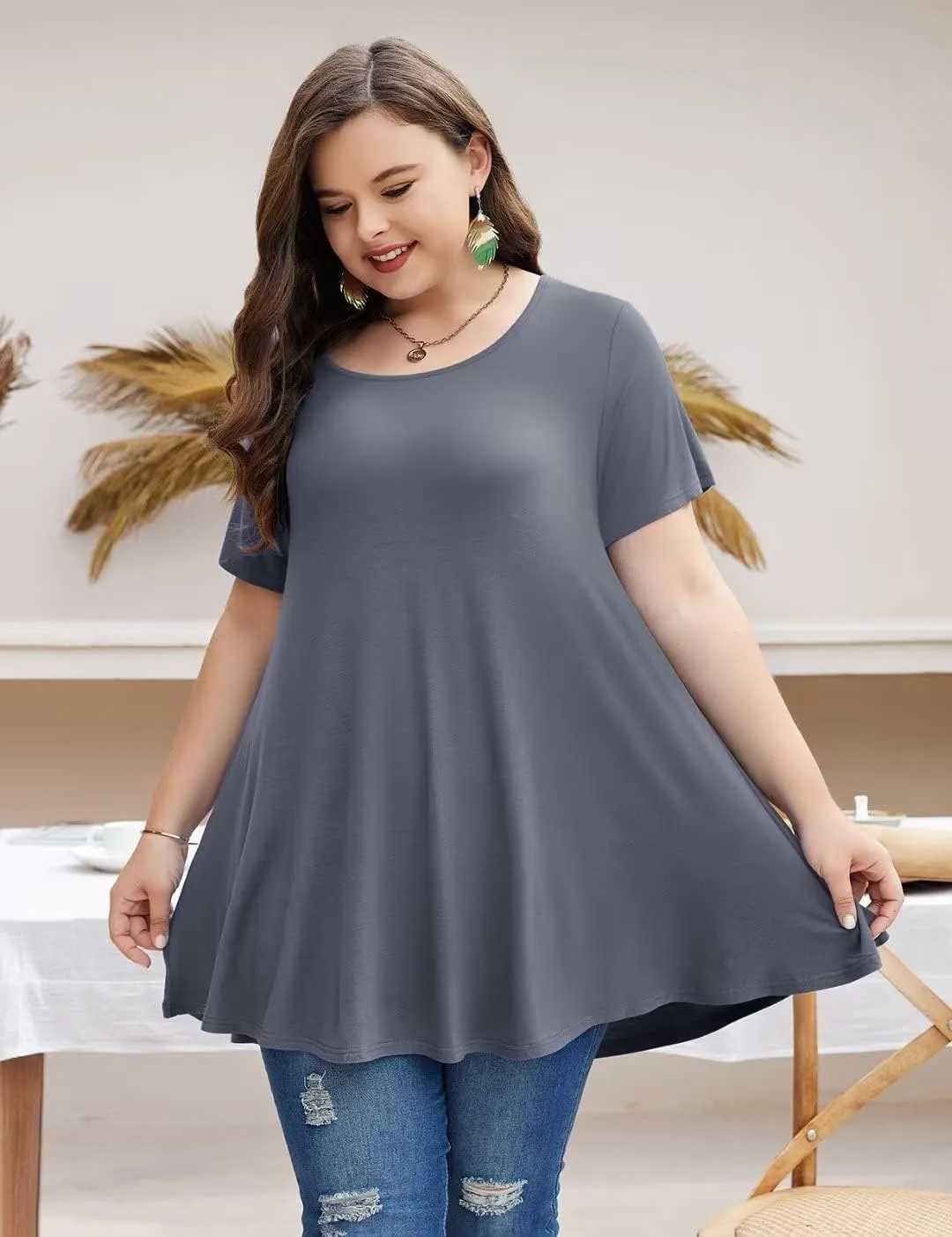 MONNURO Womens Short Sleeve Casual Loose Fit Flare Swing Tunic Tops Basic T-Shirt Plus Size