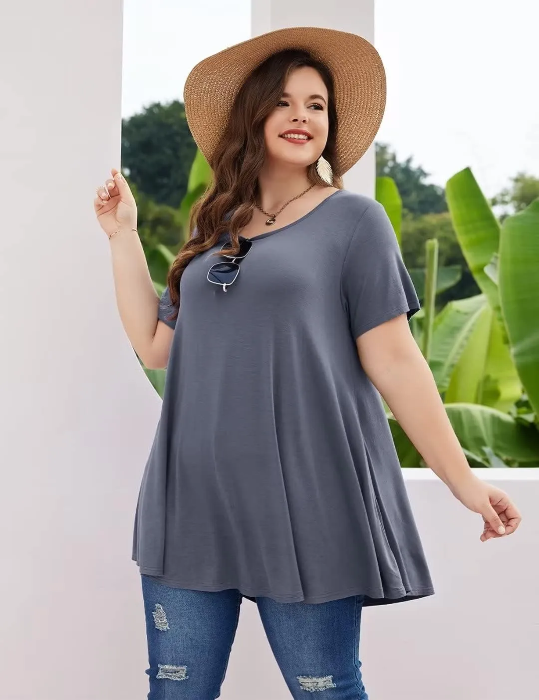 MONNURO Womens Short Sleeve Casual Loose Fit Flare Swing Tunic Tops Basic T-Shirt Plus Size