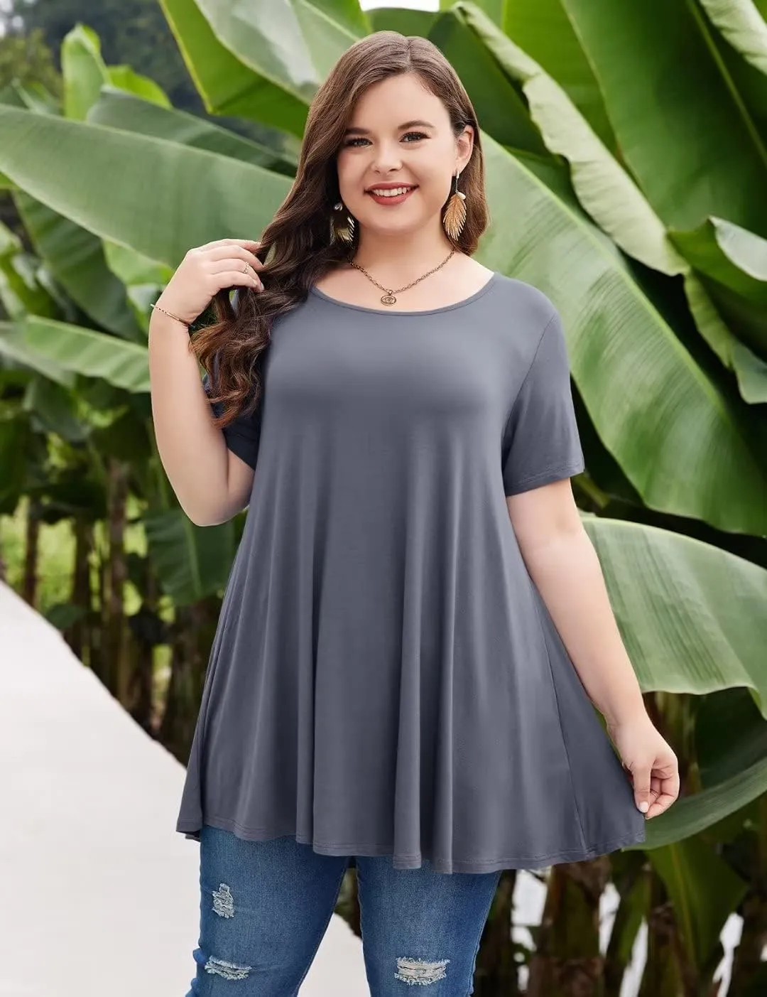MONNURO Womens Short Sleeve Casual Loose Fit Flare Swing Tunic Tops Basic T-Shirt Plus Size
