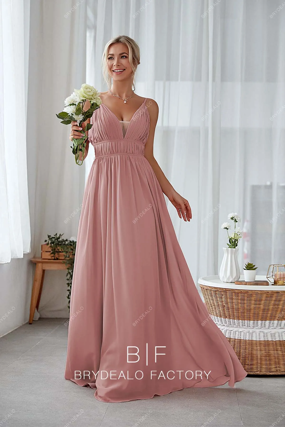 Popular Dusty Rose Chiffon Plunging A-line Long Dress