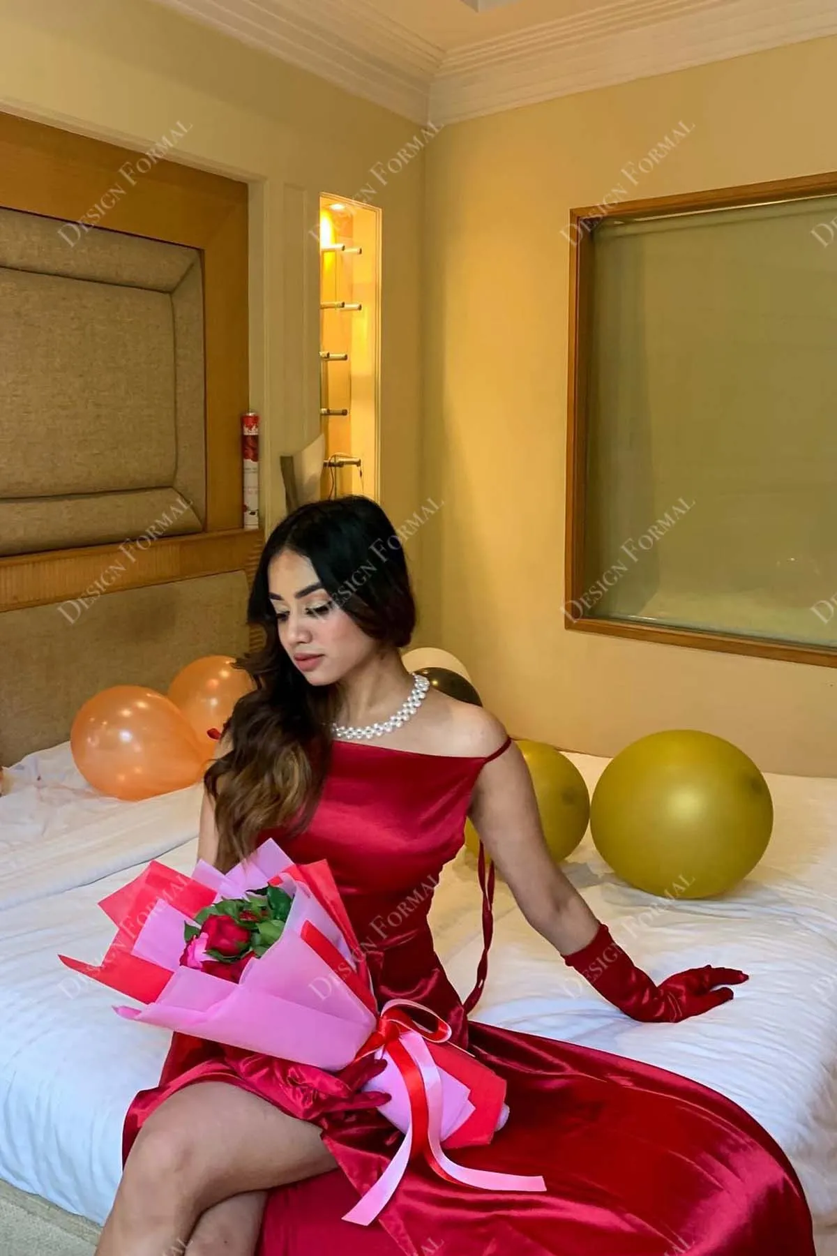 Red Charmeuse Straight Neck Spaghetti Straps Custom Birthday Gown
