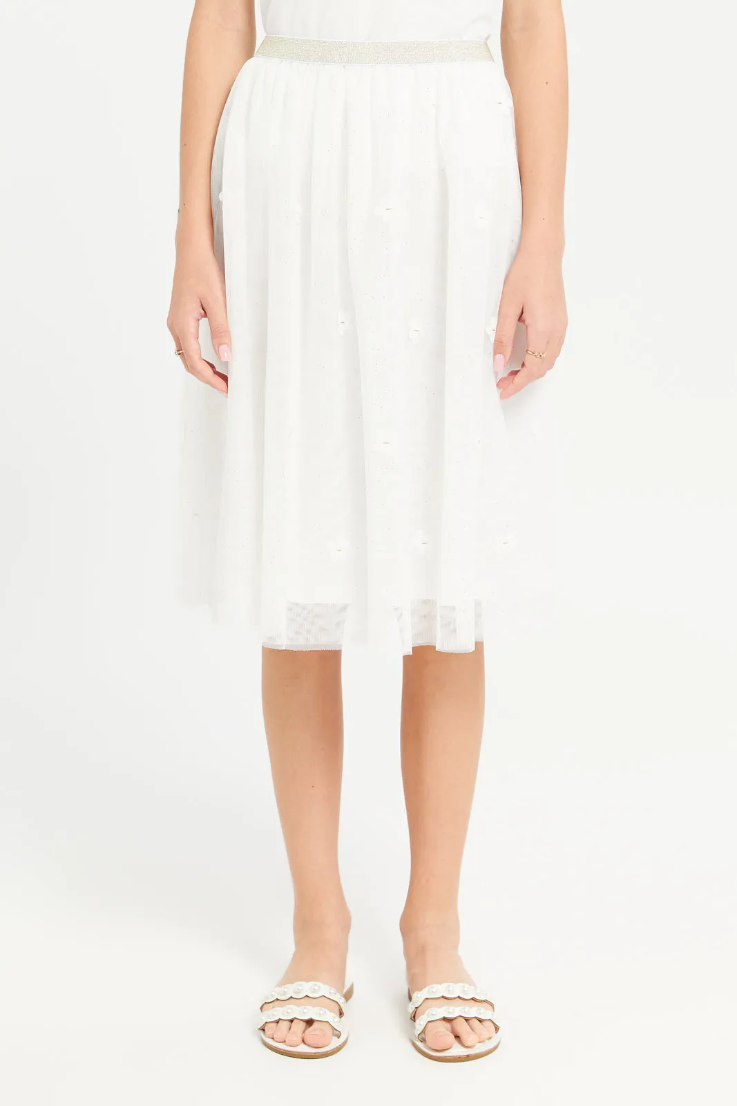 Senior Girls White Floral Embellished Tulle Skirt