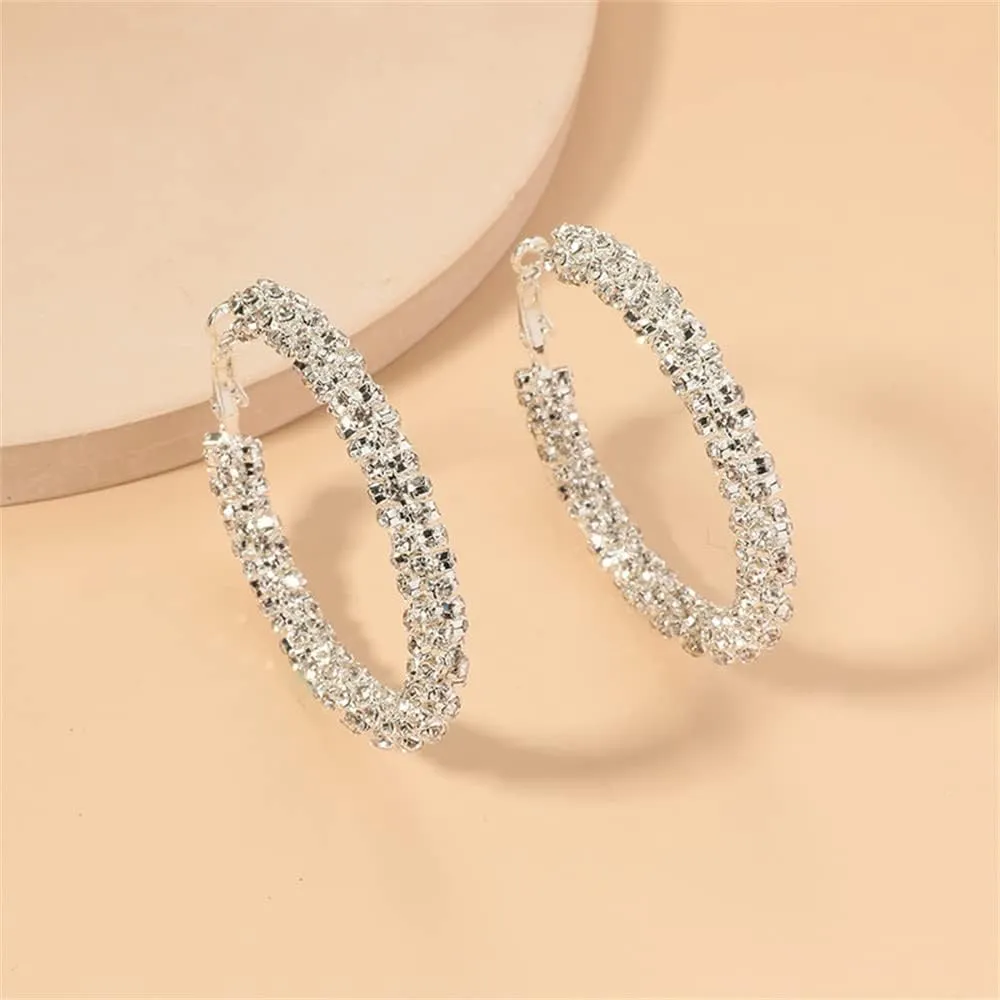 Shiny Big Hoop Earrings for Women Girls Boho Rhinestone Wrapped Hoops Dangle Huggie Earring Lightweight Comfortable Sparkle Wedding Christmas Birthday Jewelry Gifts 50mm