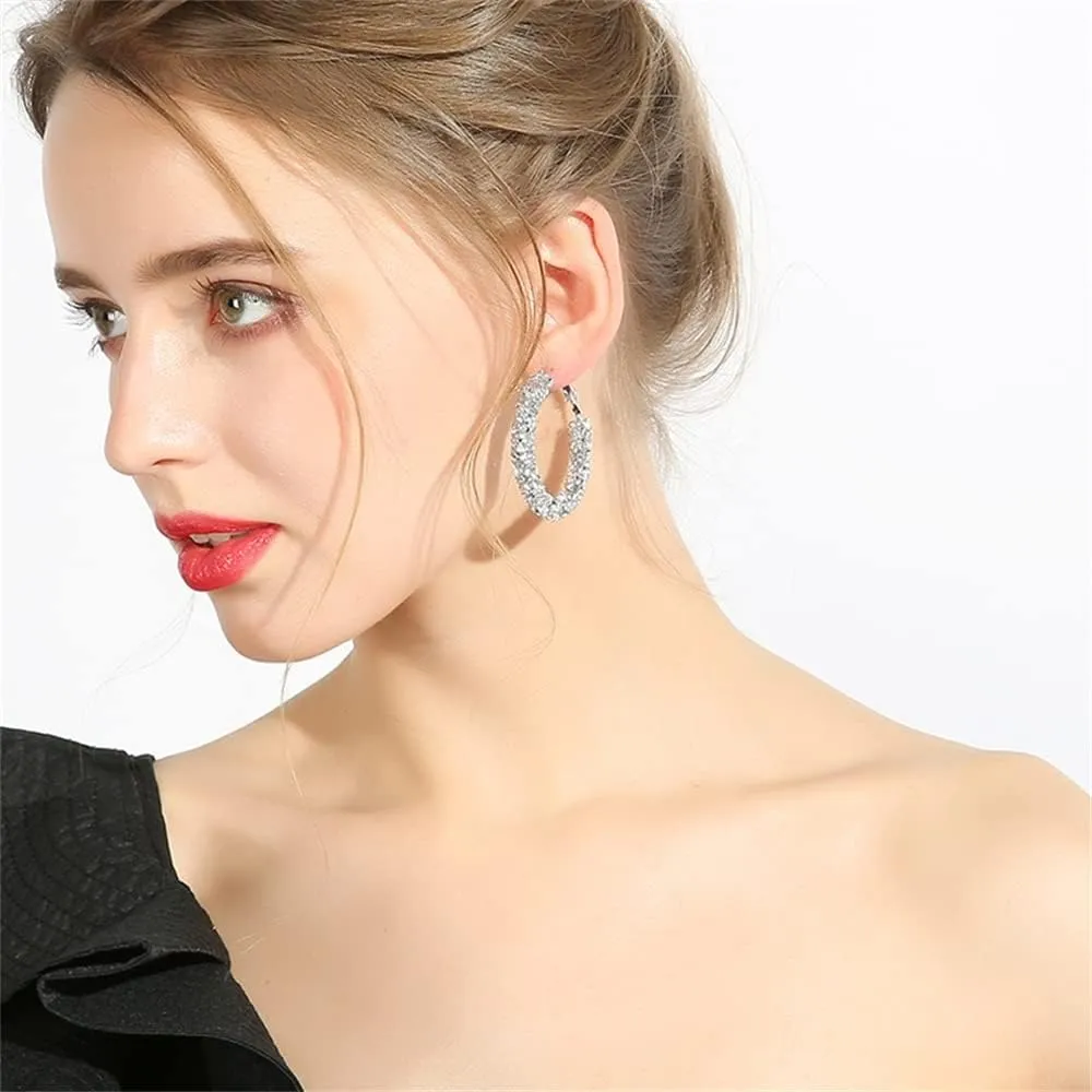Shiny Big Hoop Earrings for Women Girls Boho Rhinestone Wrapped Hoops Dangle Huggie Earring Lightweight Comfortable Sparkle Wedding Christmas Birthday Jewelry Gifts 50mm