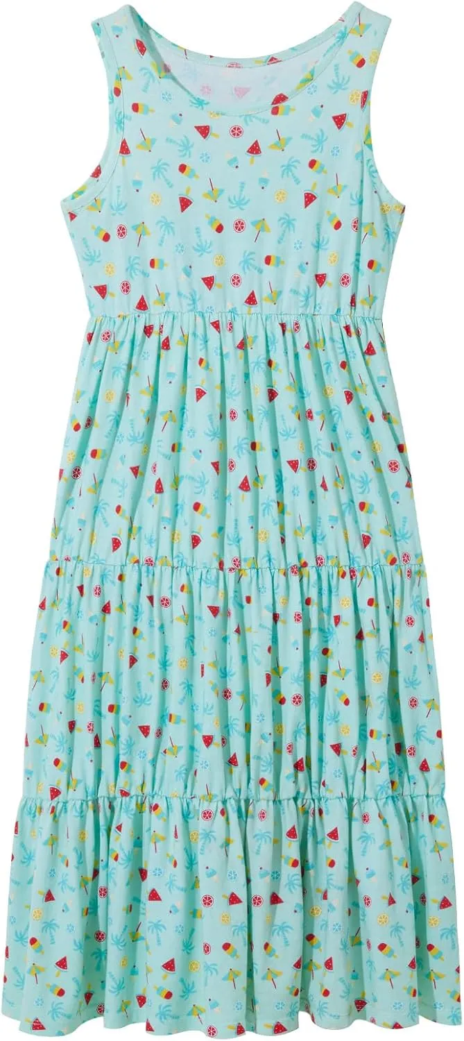 UNACOO Kids Girls 100% Cotton 1 or 2 Packs Sleeveless Long Maxi Tiered Dress (Age 3-12 Years)