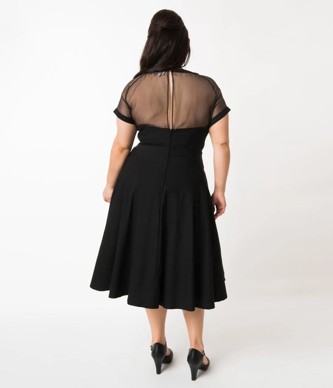 Unique Vintage Plus Size 1950s Black Sheer Bodice Shirelle Swing Dress