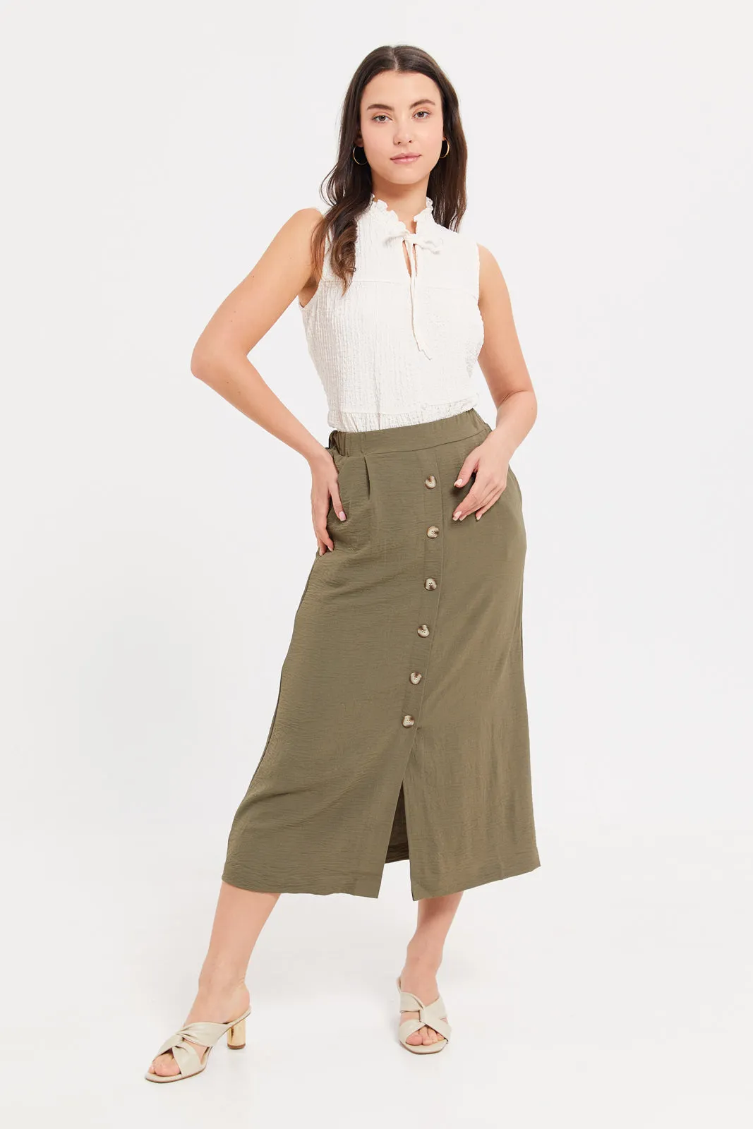 Women Olive Button Skirt