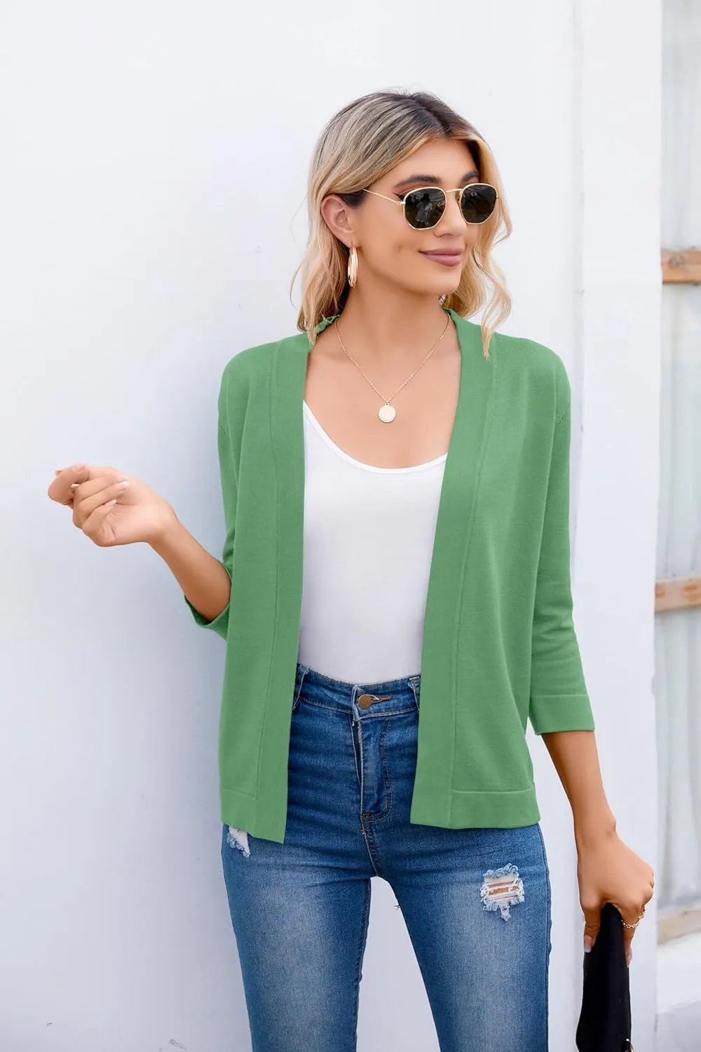Women's 3/4 Sleeve Open Front Cropped Cardigan Sweater Elegant Shrugs for Women