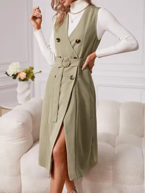 Women's Casual Jacket Fashion Beauty Double Breasted Belted Sleeveless Coat Unique Comfortable Charming Lovely (Color : Khaki, Size : X-Large)