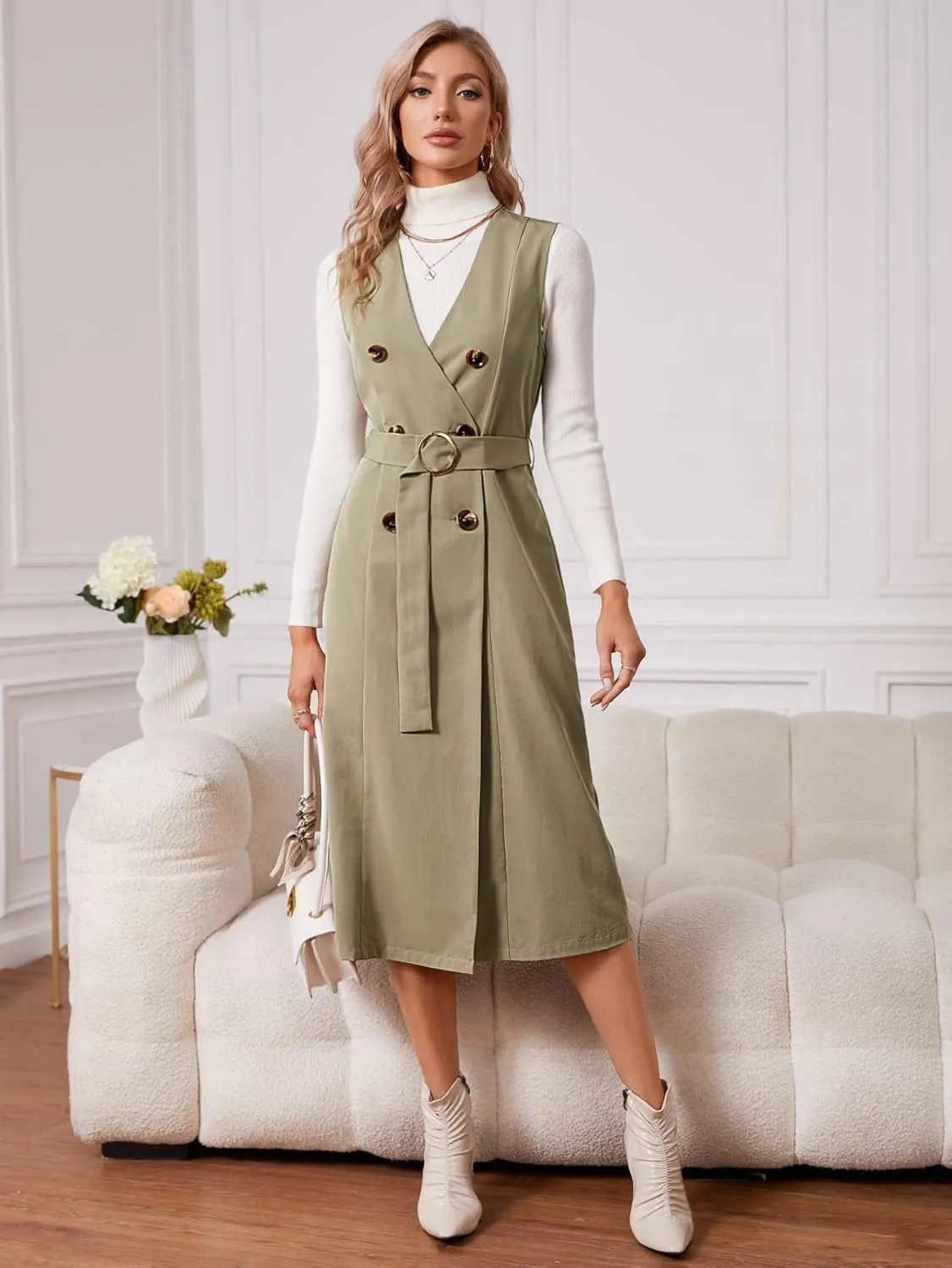 Women's Casual Jacket Fashion Beauty Double Breasted Belted Sleeveless Coat Unique Comfortable Charming Lovely (Color : Khaki, Size : X-Large)