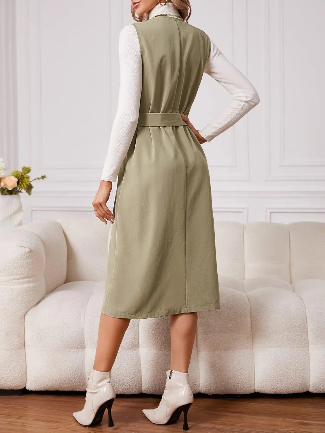 Women's Casual Jacket Fashion Beauty Double Breasted Belted Sleeveless Coat Unique Comfortable Charming Lovely (Color : Khaki, Size : X-Large)