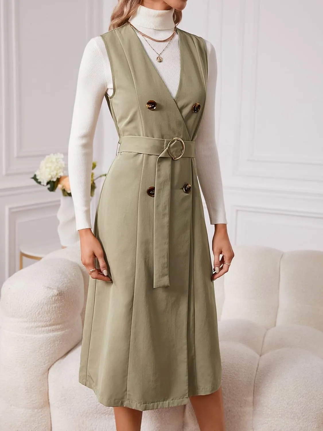 Women's Casual Jacket Fashion Beauty Double Breasted Belted Sleeveless Coat Unique Comfortable Charming Lovely (Color : Khaki, Size : X-Large)