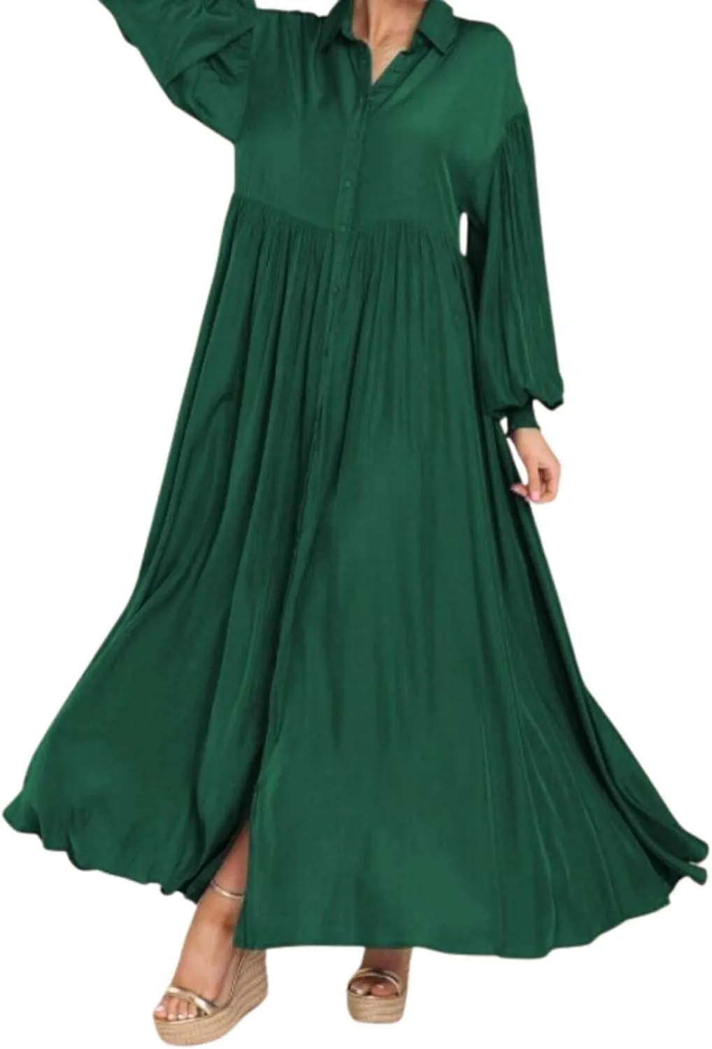 Women's Plus Size Maxi Dress 2024 Summer Fall Long Sleeve Button Down Shirt Casual Flowy Long Wedding Guest Dress
