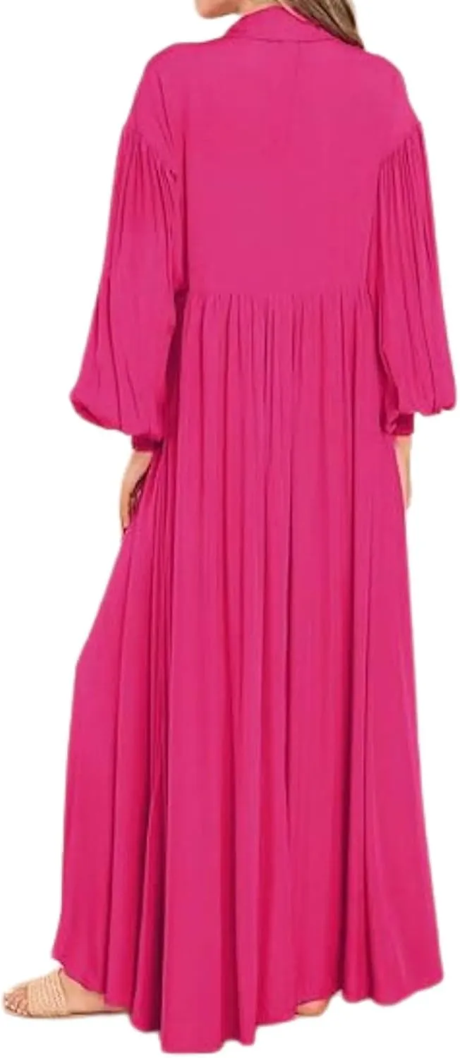 Women's Plus Size Maxi Dress 2024 Summer Fall Long Sleeve Button Down Shirt Casual Flowy Long Wedding Guest Dress