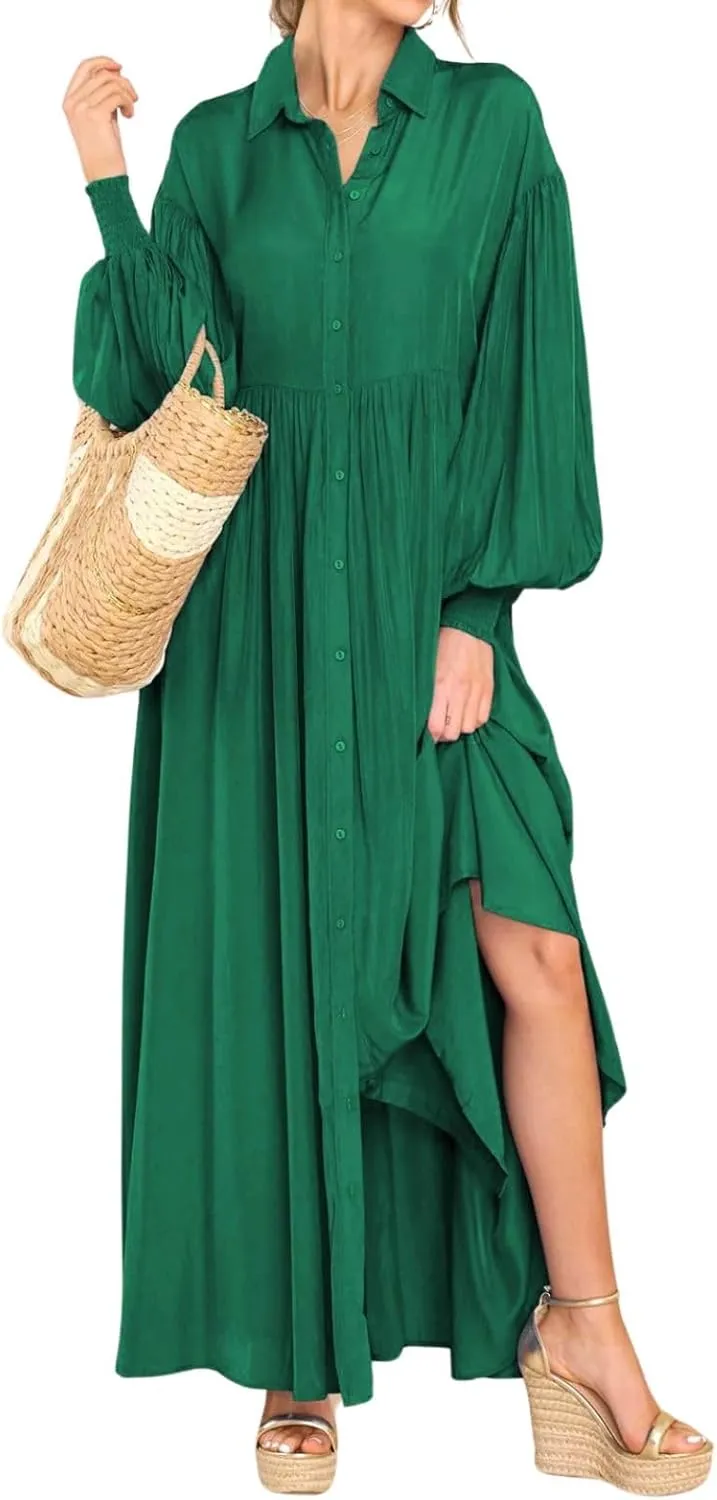 Women's Plus Size Maxi Dress 2024 Summer Fall Long Sleeve Button Down Shirt Casual Flowy Long Wedding Guest Dress