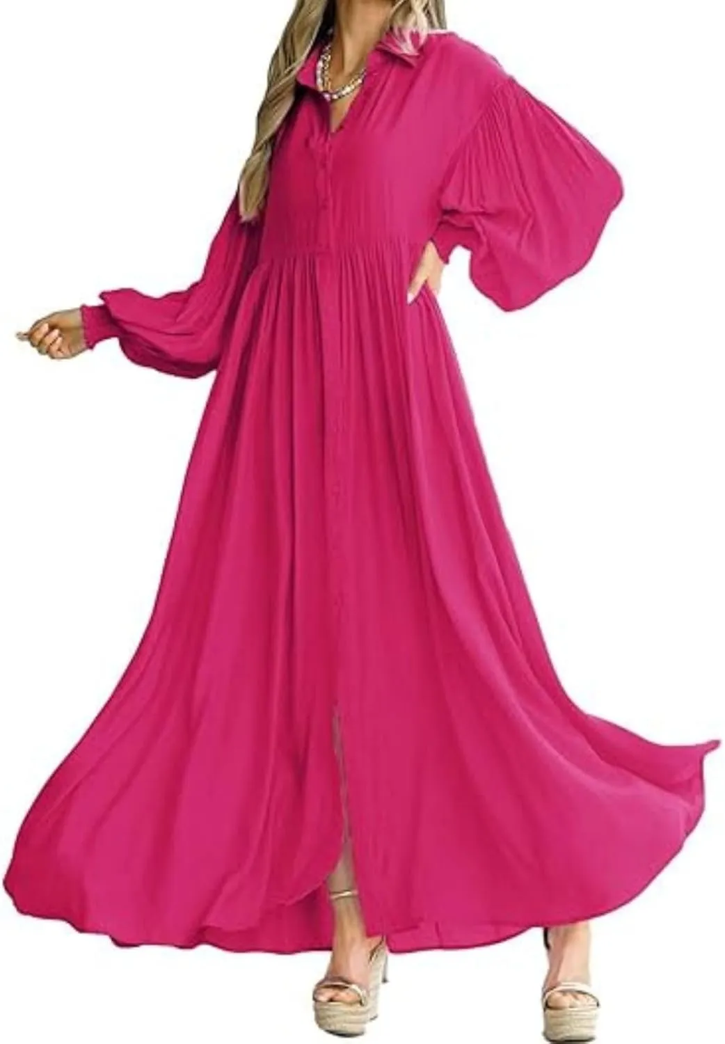 Women's Plus Size Maxi Dress 2024 Summer Fall Long Sleeve Button Down Shirt Casual Flowy Long Wedding Guest Dress