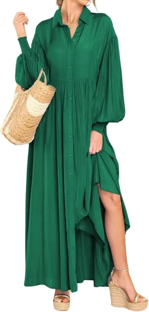 Women's Plus Size Maxi Dress 2024 Summer Fall Long Sleeve Button Down Shirt Casual Flowy Long Wedding Guest Dress
