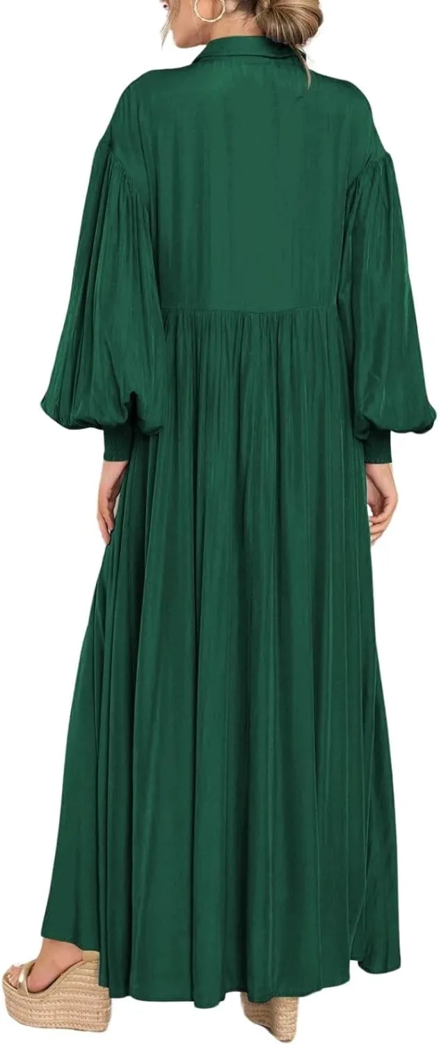 Women's Plus Size Maxi Dress 2024 Summer Fall Long Sleeve Button Down Shirt Casual Flowy Long Wedding Guest Dress