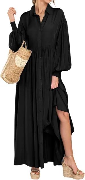 Women's Plus Size Maxi Dress 2024 Summer Fall Long Sleeve Button Down Shirt Casual Flowy Long Wedding Guest Dress