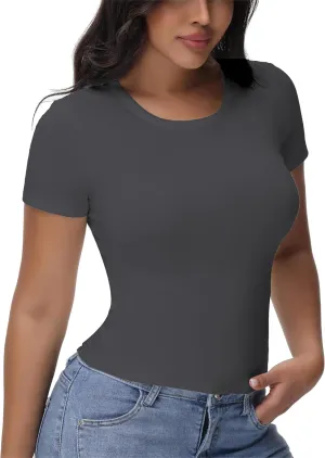 Womens T Shirts Basic Short Sleeve Crew Neck Slim Fit Tees Summer Workout Casual Bodycon Tops 2025