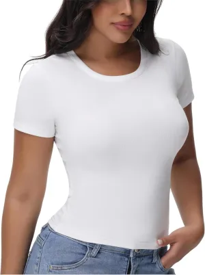 Womens T Shirts Basic Short Sleeve Crew Neck Slim Fit Tees Summer Workout Casual Bodycon Tops 2025
