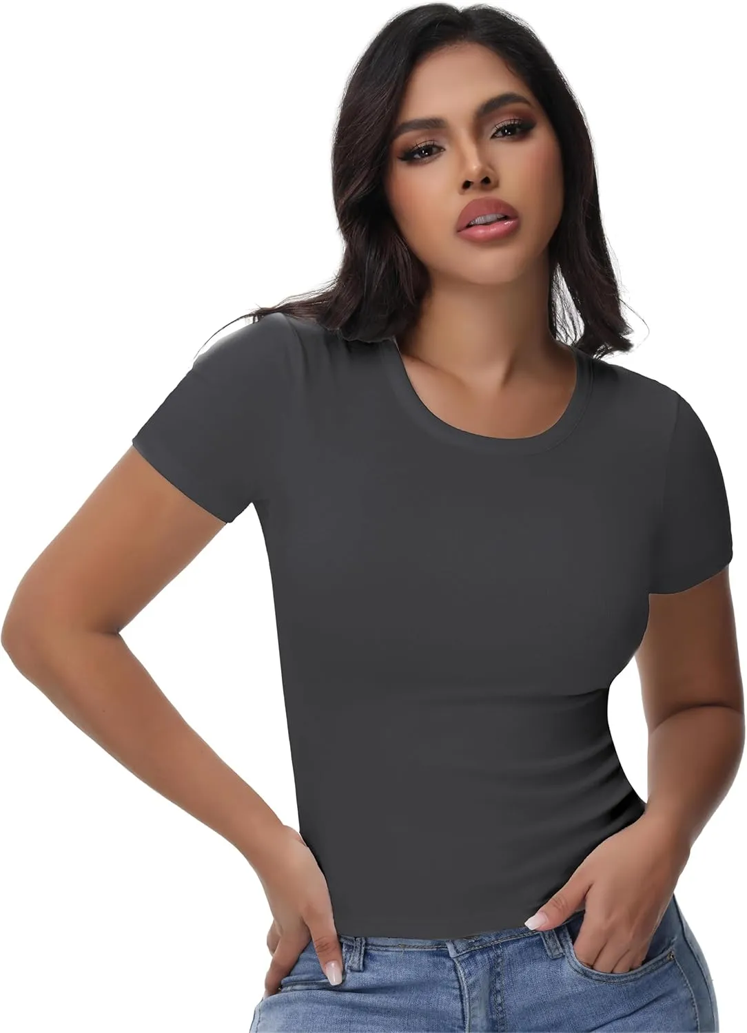 Womens T Shirts Basic Short Sleeve Crew Neck Slim Fit Tees Summer Workout Casual Bodycon Tops 2025