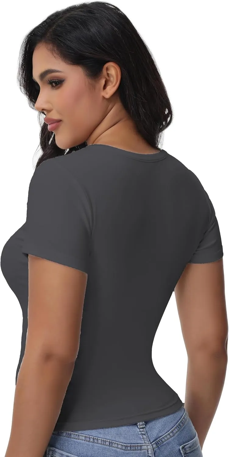 Womens T Shirts Basic Short Sleeve Crew Neck Slim Fit Tees Summer Workout Casual Bodycon Tops 2025