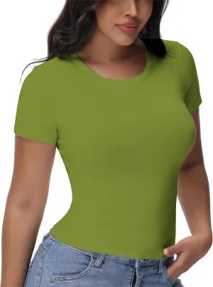 Womens T Shirts Basic Short Sleeve Crew Neck Slim Fit Tees Summer Workout Casual Bodycon Tops 2025