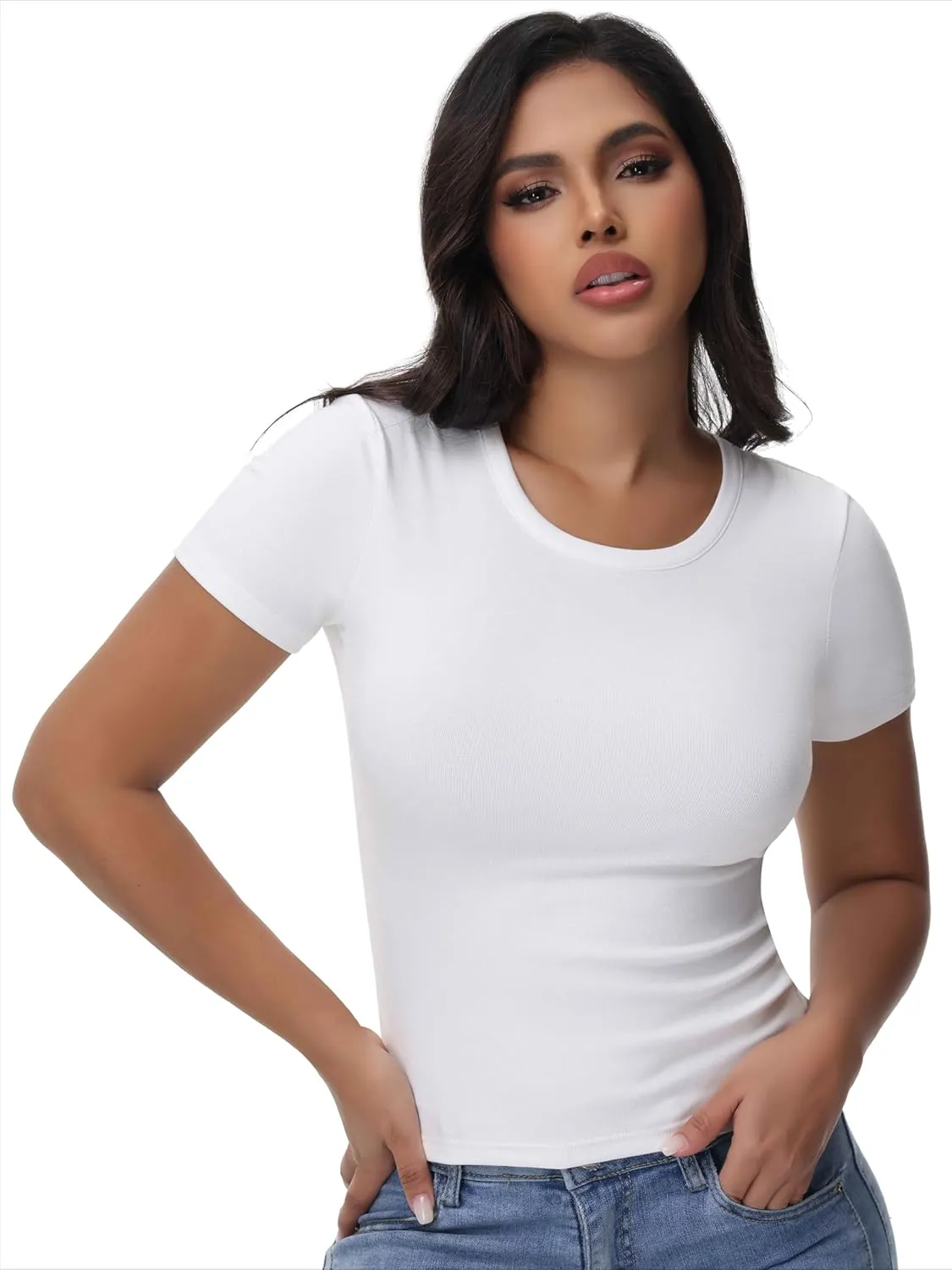 Womens T Shirts Basic Short Sleeve Crew Neck Slim Fit Tees Summer Workout Casual Bodycon Tops 2025