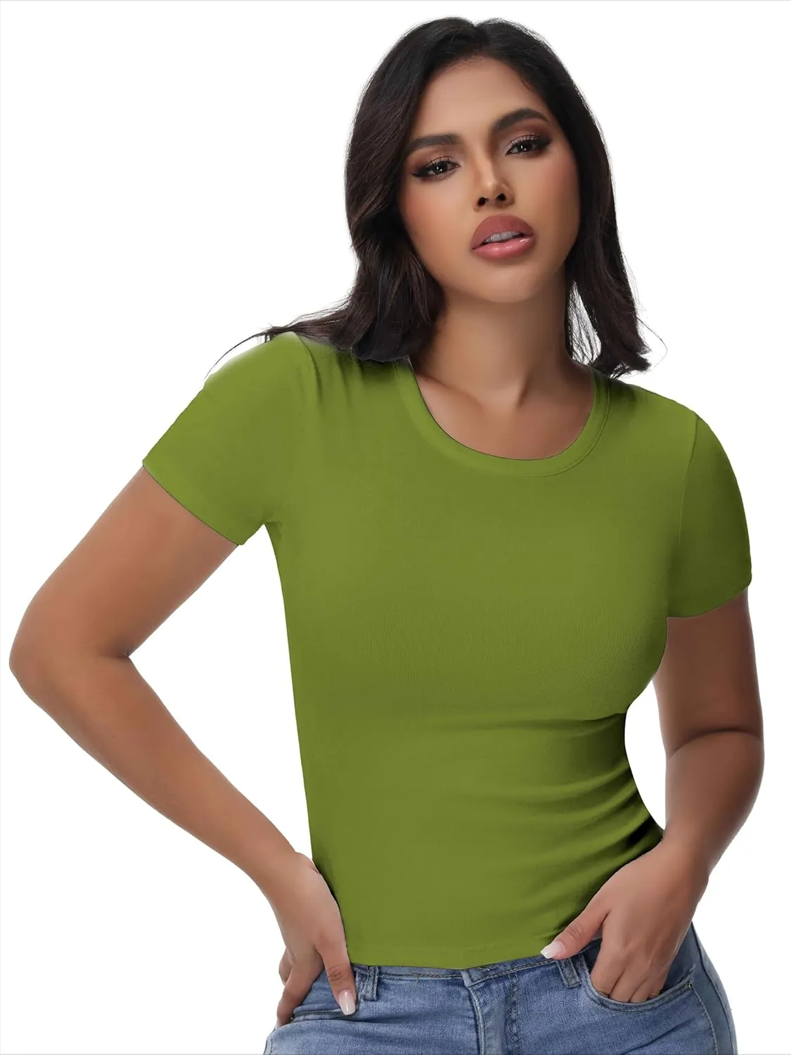 Womens T Shirts Basic Short Sleeve Crew Neck Slim Fit Tees Summer Workout Casual Bodycon Tops 2025