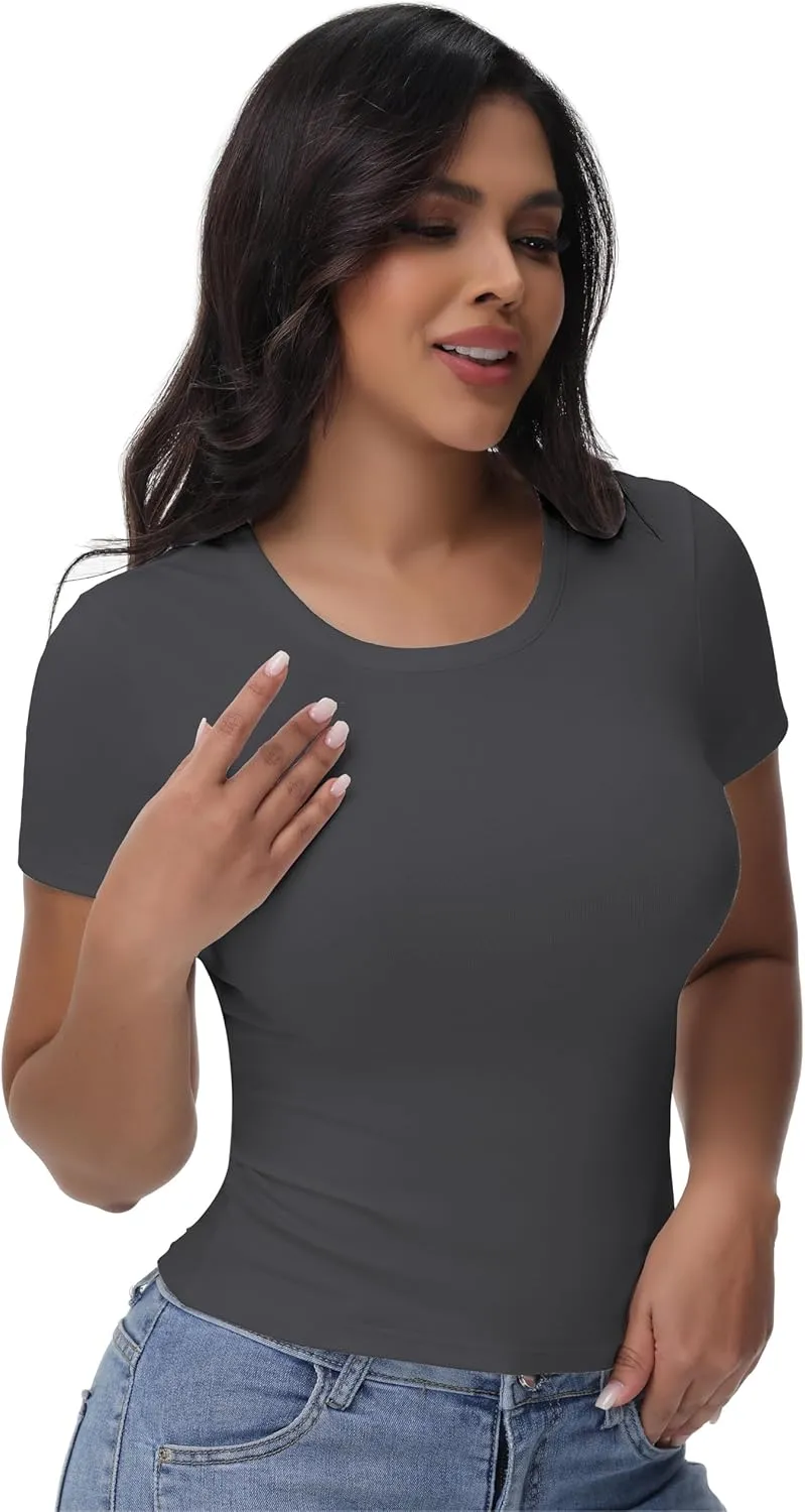 Womens T Shirts Basic Short Sleeve Crew Neck Slim Fit Tees Summer Workout Casual Bodycon Tops 2025