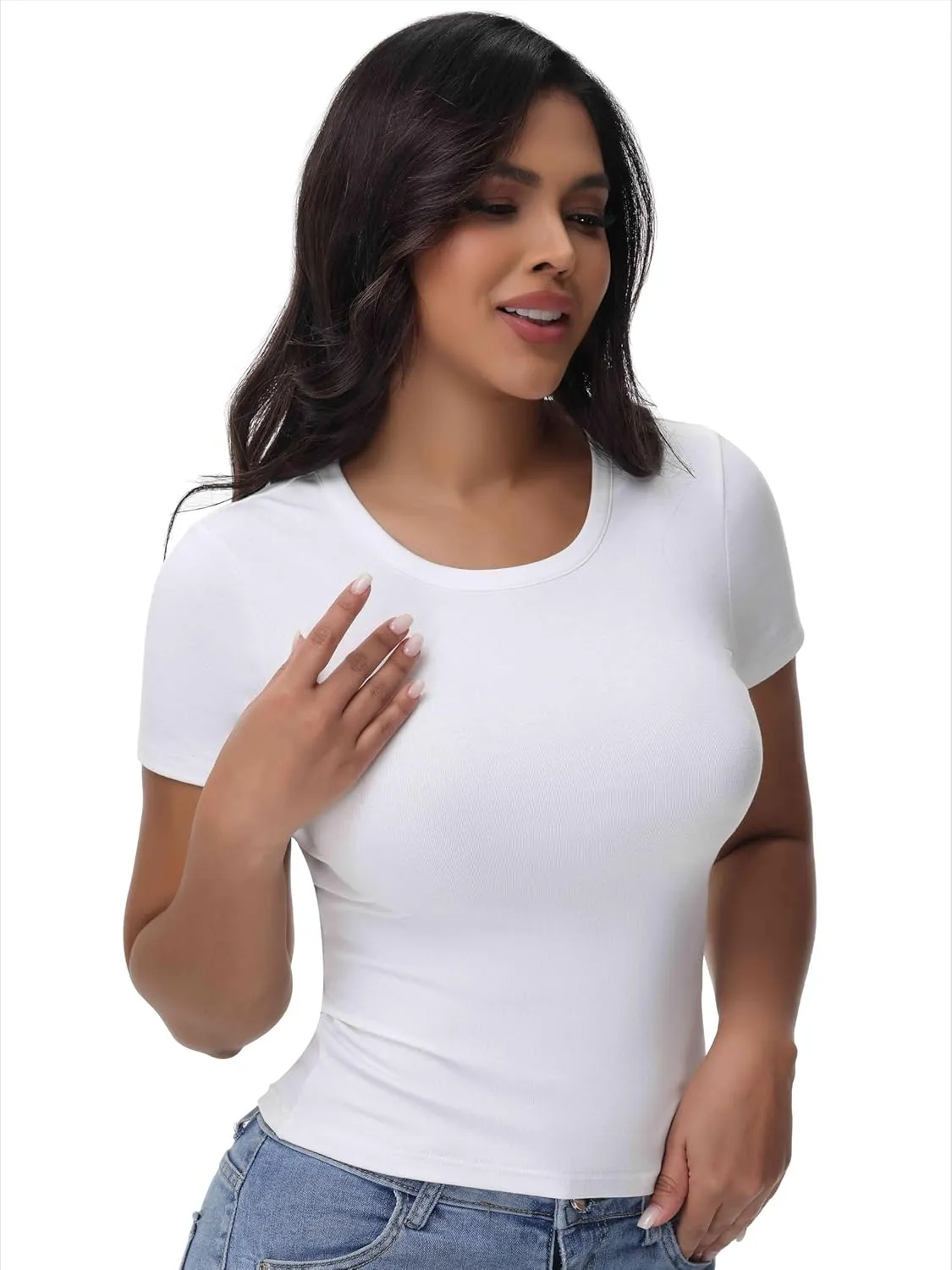 Womens T Shirts Basic Short Sleeve Crew Neck Slim Fit Tees Summer Workout Casual Bodycon Tops 2025