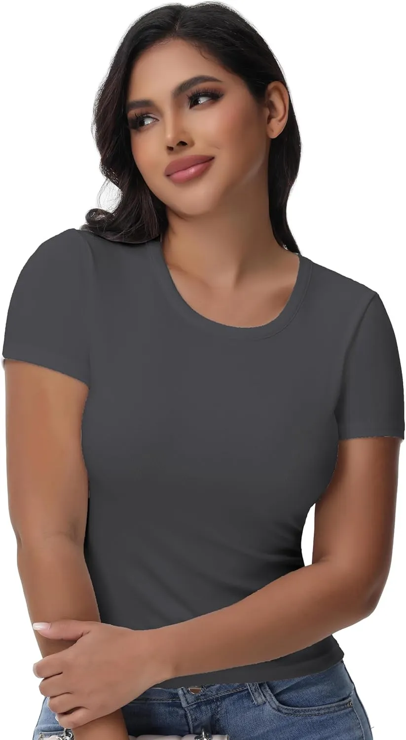 Womens T Shirts Basic Short Sleeve Crew Neck Slim Fit Tees Summer Workout Casual Bodycon Tops 2025