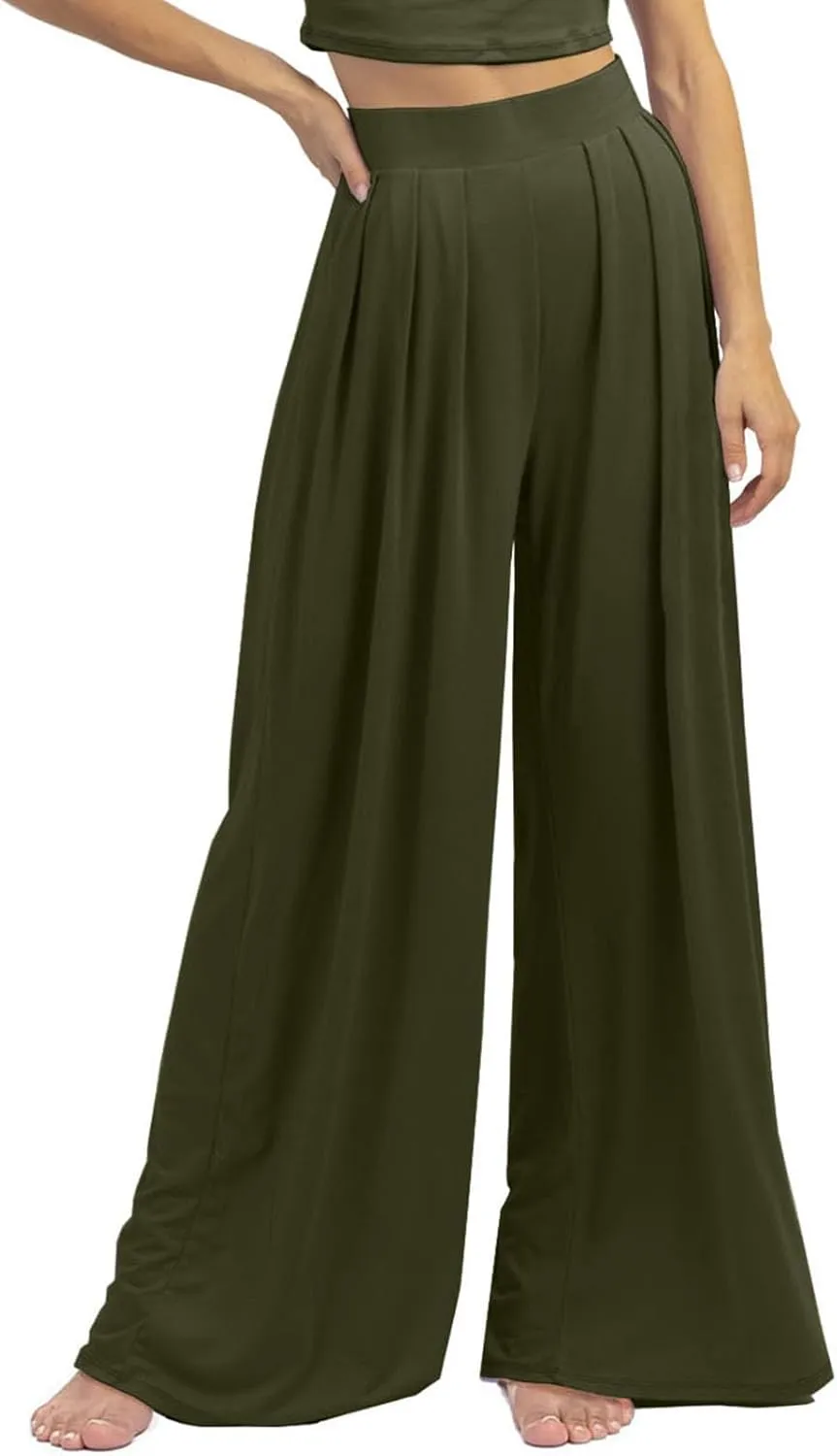 Womens Wide Leg Pants Casual Palazzo Flowy Pleated Trouser Woman Elastic High Waisted Loose Fit Lounge Pant Comfy 2025