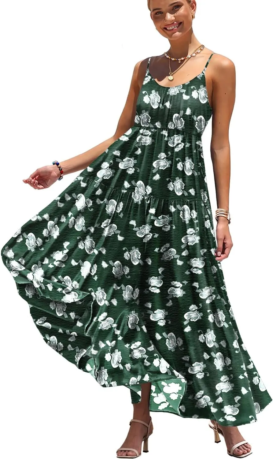 YESNO Summer Bohemian Floral Dresses for Women Spaghetti Straps Maxi Dress Casual Flowy Dresses with Pockets ES0