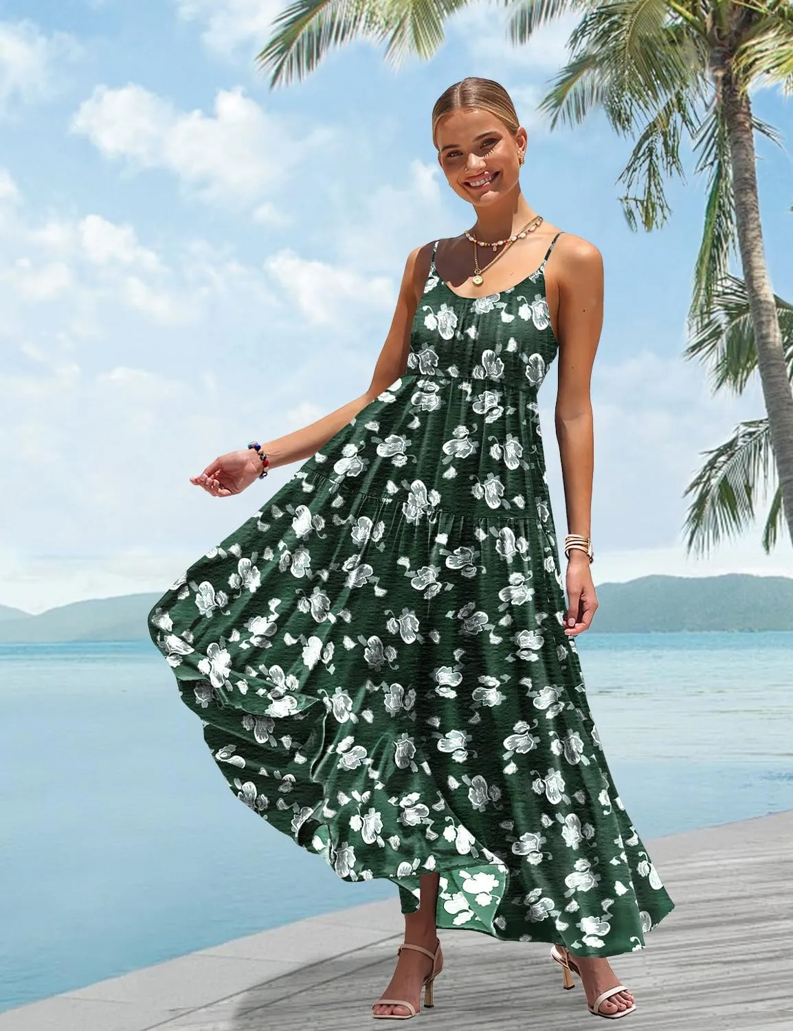 YESNO Summer Bohemian Floral Dresses for Women Spaghetti Straps Maxi Dress Casual Flowy Dresses with Pockets ES0