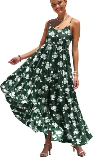 YESNO Summer Bohemian Floral Dresses for Women Spaghetti Straps Maxi Dress Casual Flowy Dresses with Pockets ES0