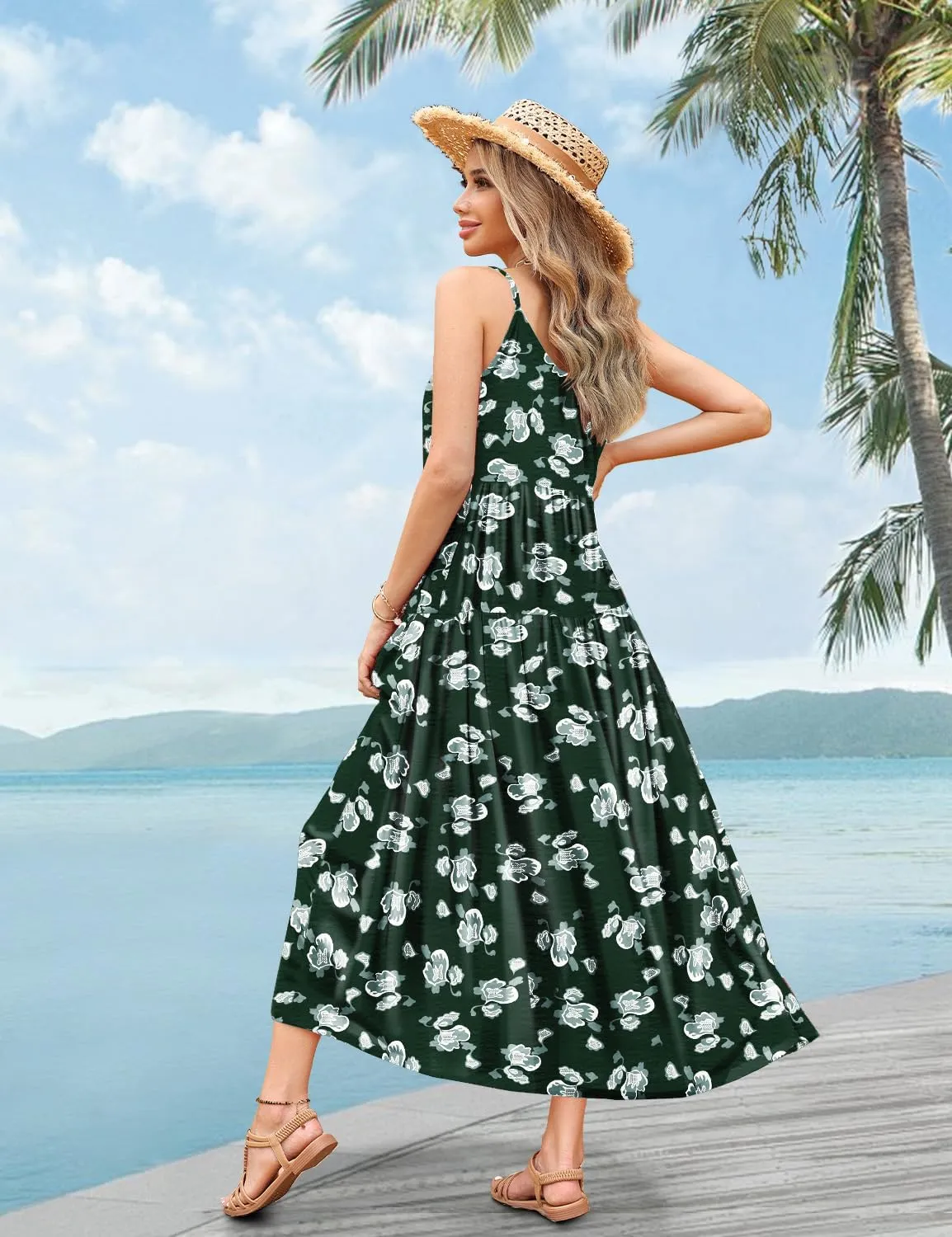 YESNO Summer Bohemian Floral Dresses for Women Spaghetti Straps Maxi Dress Casual Flowy Dresses with Pockets ES0