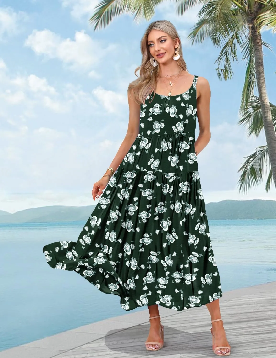 YESNO Summer Bohemian Floral Dresses for Women Spaghetti Straps Maxi Dress Casual Flowy Dresses with Pockets ES0