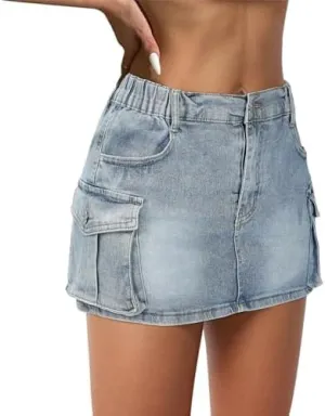 Zando Bodycon Denim Mini Skirt Low Waist Jean Skirt for Women Jean Skirts with Pockets Button Denim Cargo Skirt Y2K Low Rise Cargo Skirts for Women Denim Skirts Light Wash Small